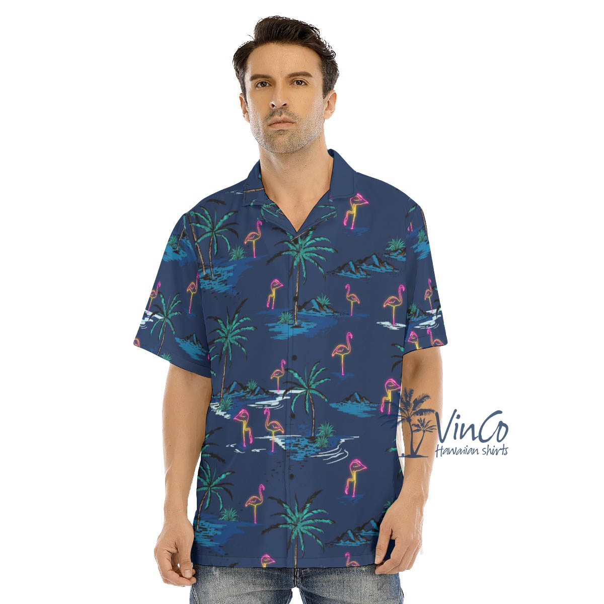 Navy Flamingo Hawaiian Shirts For Men - variant image 1