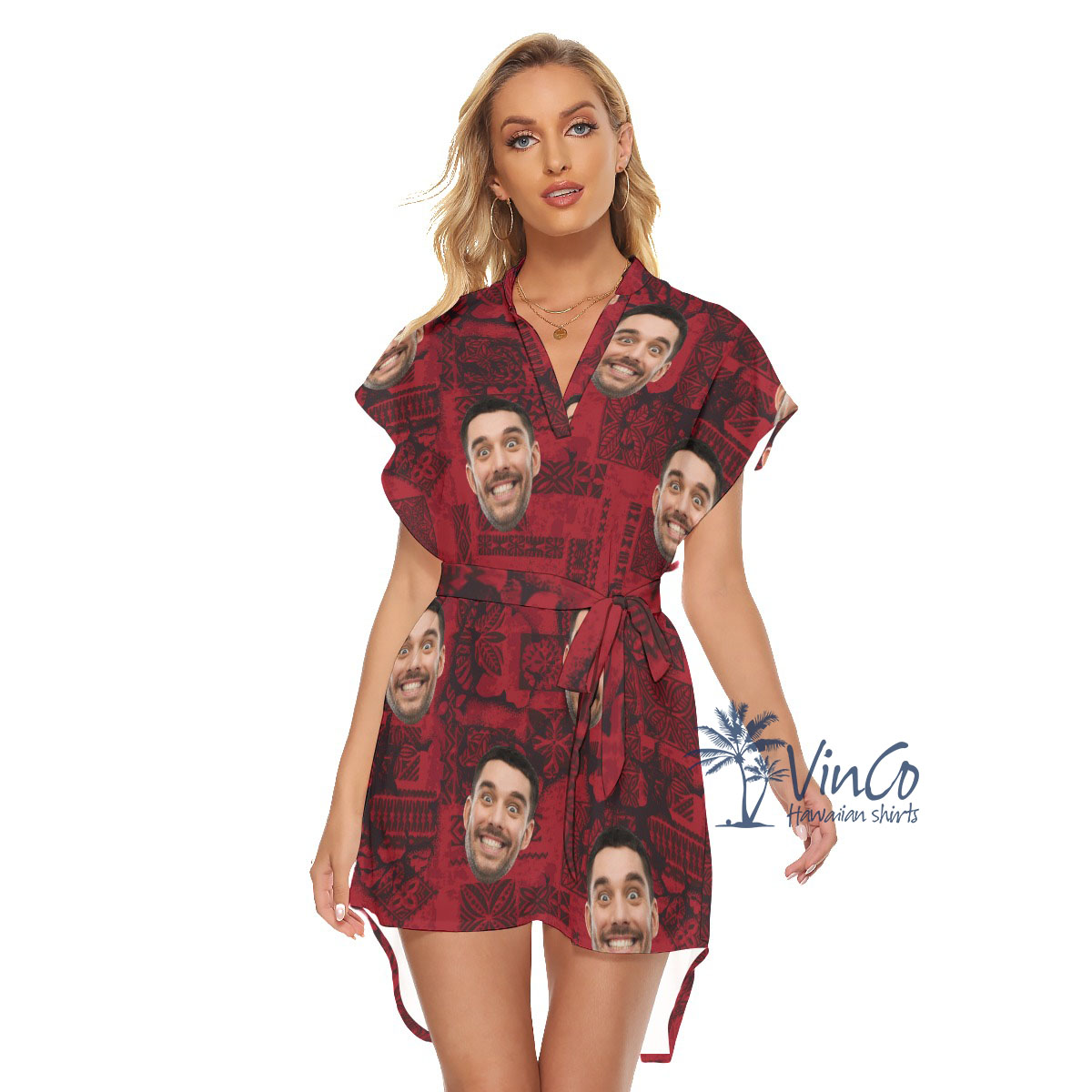 Vintage Custom Face Red Belted Women's Dress - variant image 1