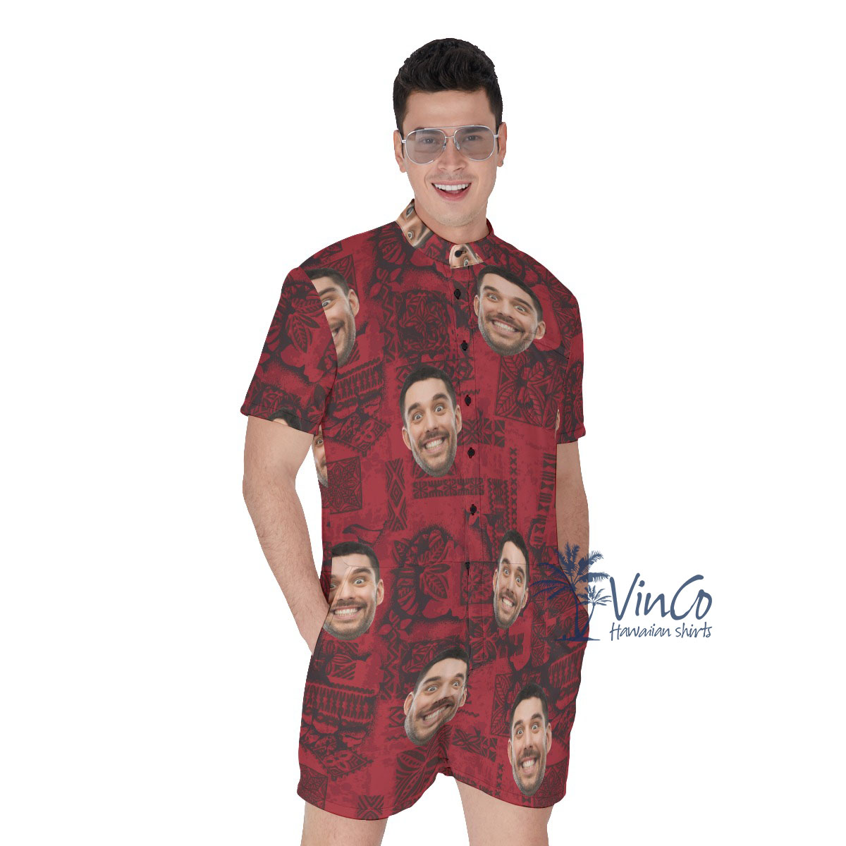 Vintage Red Custom Hawaiian Men's Romper With Multiple Faces - variant image 1