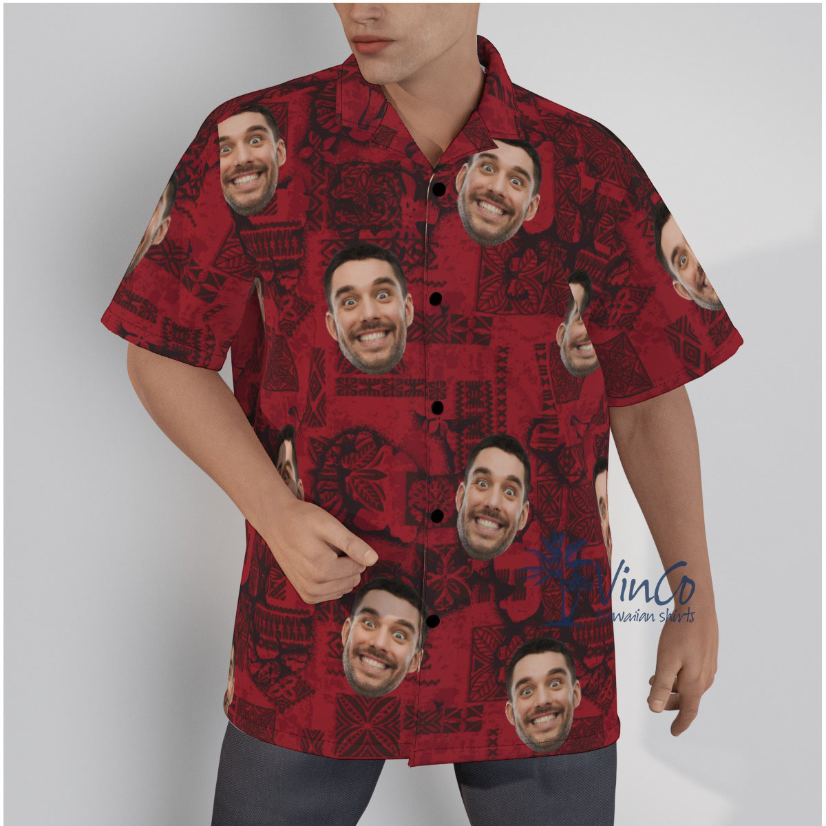 Vintage Red Men's Hawaiian Shirt With Custom Face - variant image 1