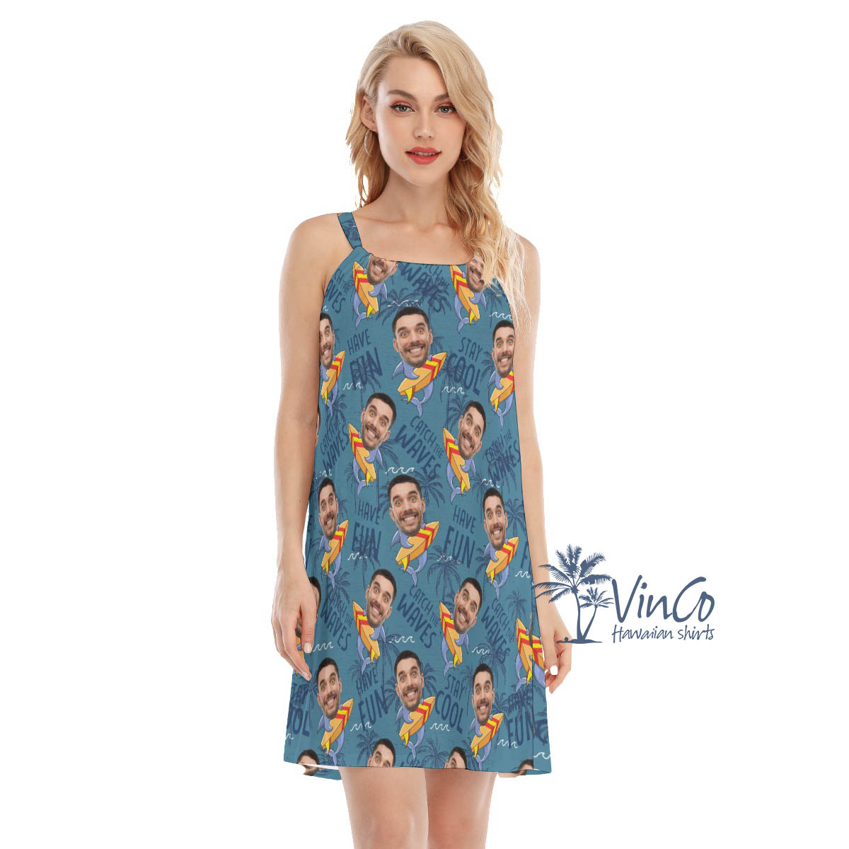Funny Custom Face Surfing Shark Navy Hawaiian Cami Dress - variant image 1