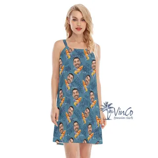 Funny Custom Face Surfing Shark Navy Hawaiian Cami Dress