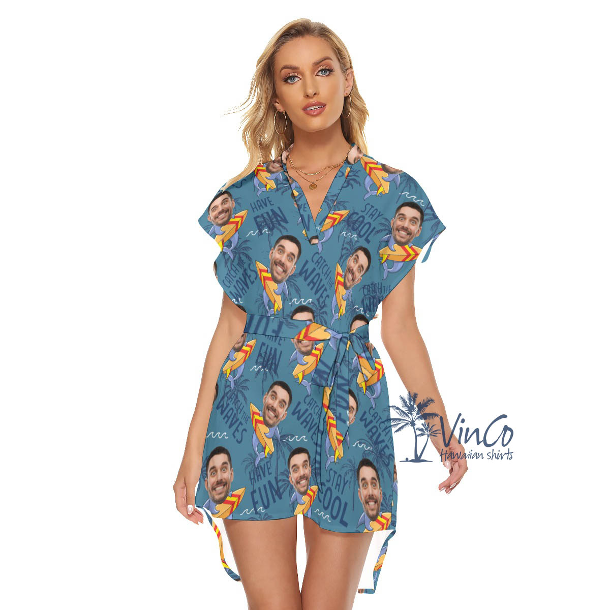 Funny Shark Surfing Hawaiian Dresses With Custom Face For Women - variant image 1