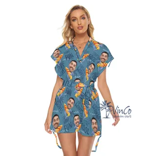 Funny Shark Surfing Hawaiian Dresses With Custom Face For Women
