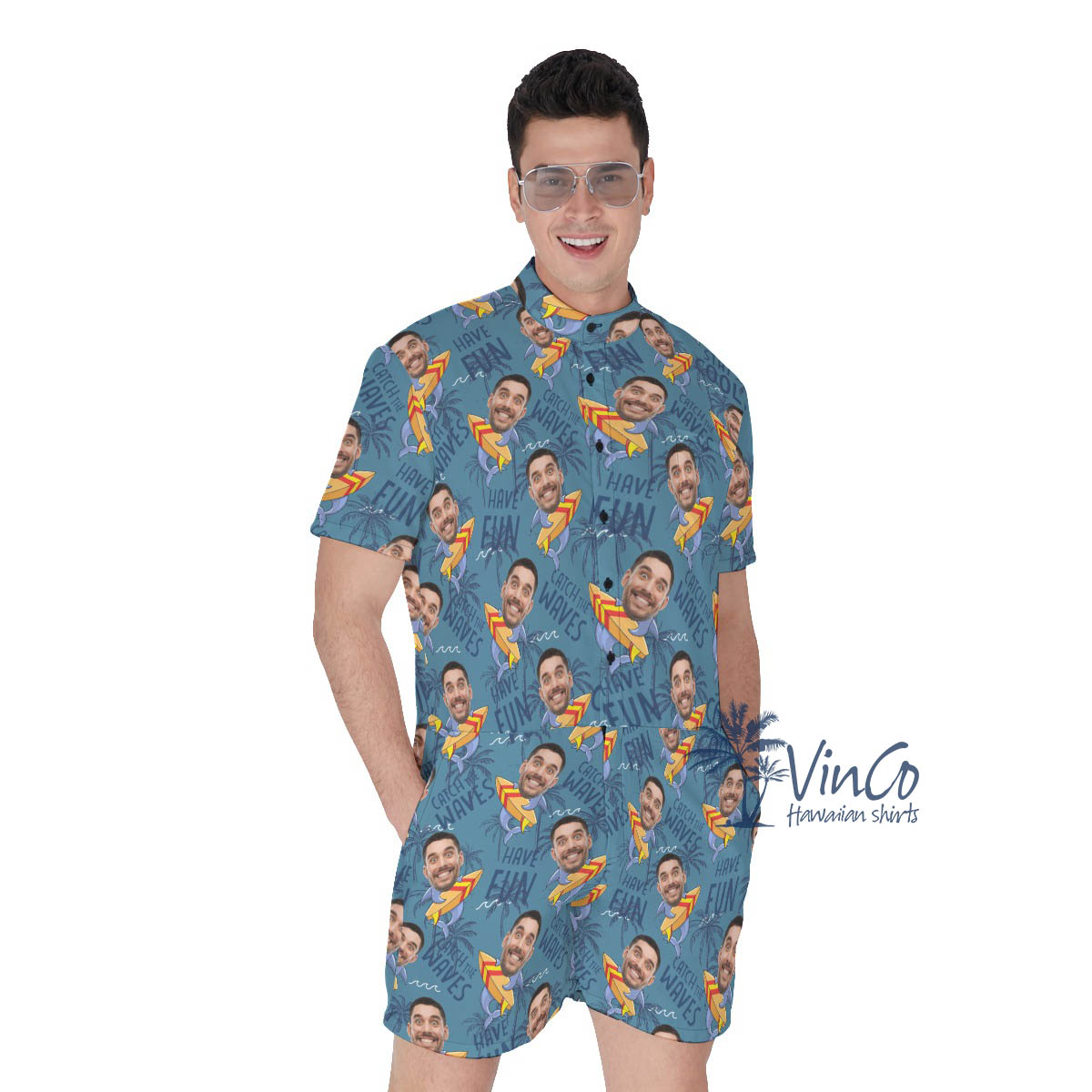 Custom Face Surfing Shark Navy Hawaiian Romper For Men - variant image 1