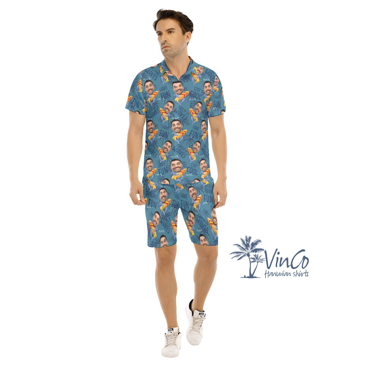 Funny Custom Face With Shark Surfing Hawaiian Shirt And Matching Shorts For Men - variant image 1