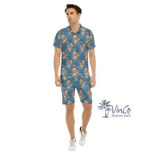 Funny Custom Face With Shark Surfing Hawaiian Shirt And Matching Shorts For Men