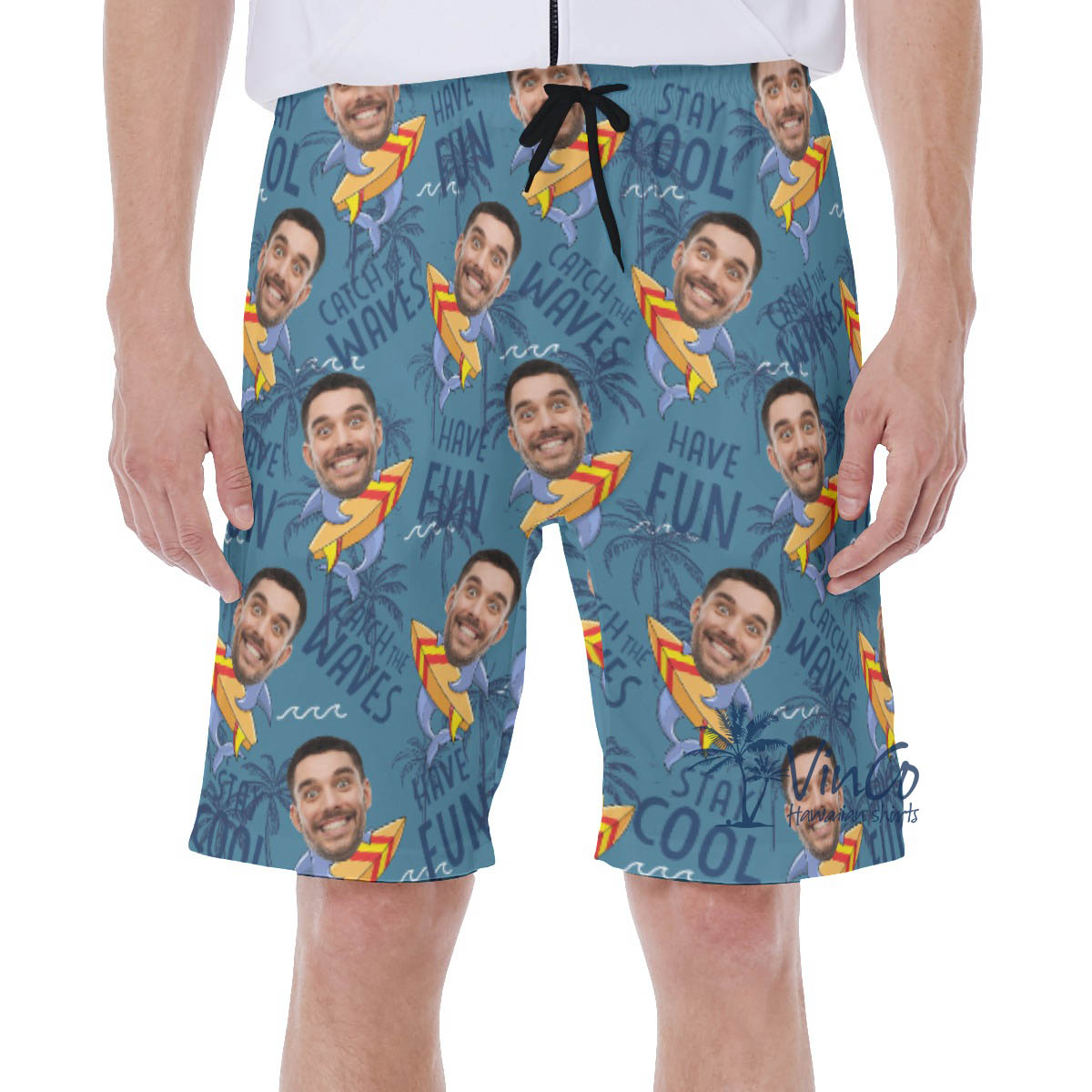 Funny Shark Surfing Hawaiian Swim Trunks With Custom Face For Men - variant image 1
