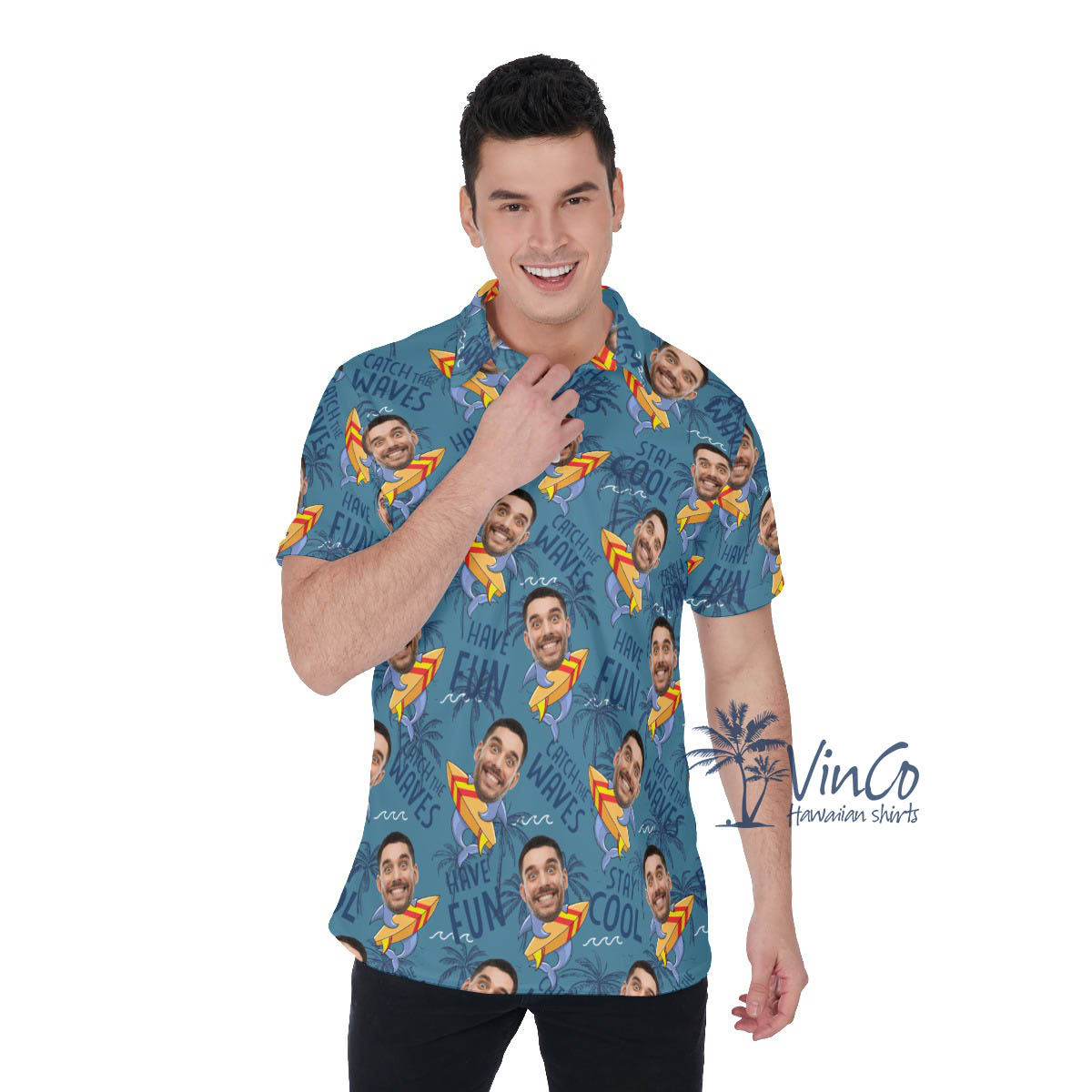 Funny Custom Face Shark Surfing Hawaiian Polo Shirt For Men - variant image 1