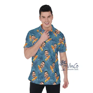 Funny Custom Face Shark Surfing Hawaiian Polo Shirt For Men