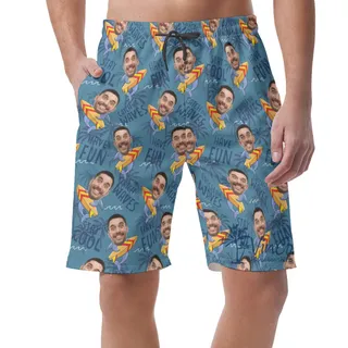 Funny Shark Surfing Hawaiian Beach Shorts With Custom Face