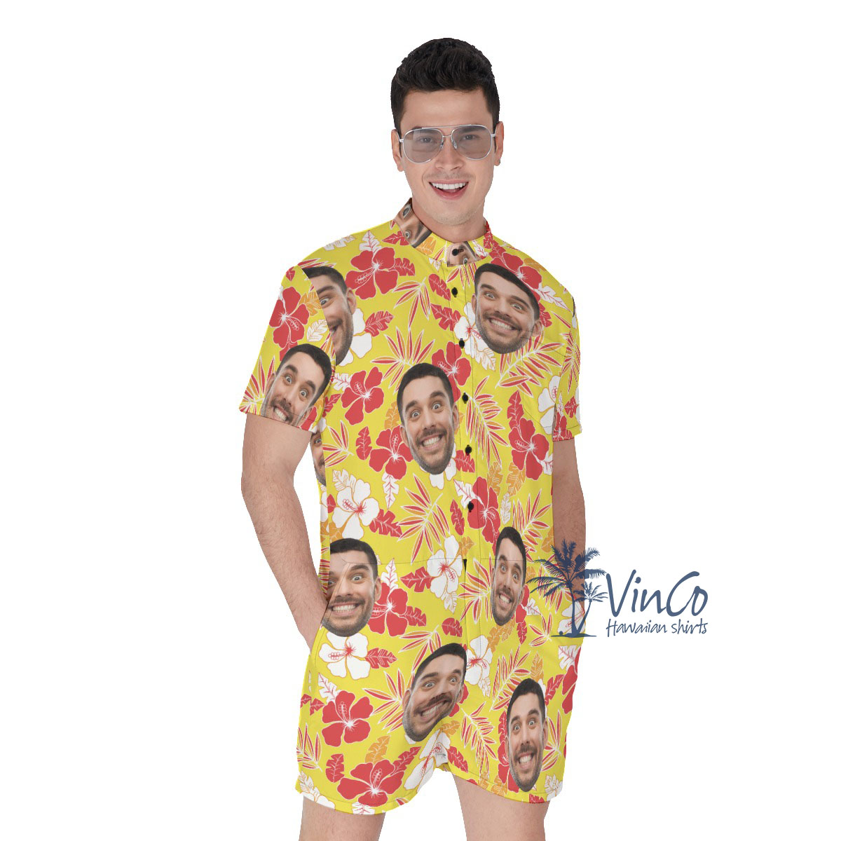 Yellow Hibiscus Custom Face Hawaiian Men's Romper With Preview - variant image 1
