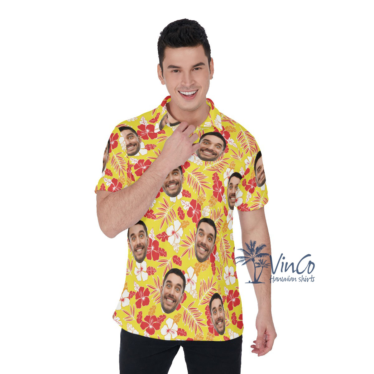 Hibiscus Yellow Custom Face Men's Hawaiian Polo Shirt - variant image 1