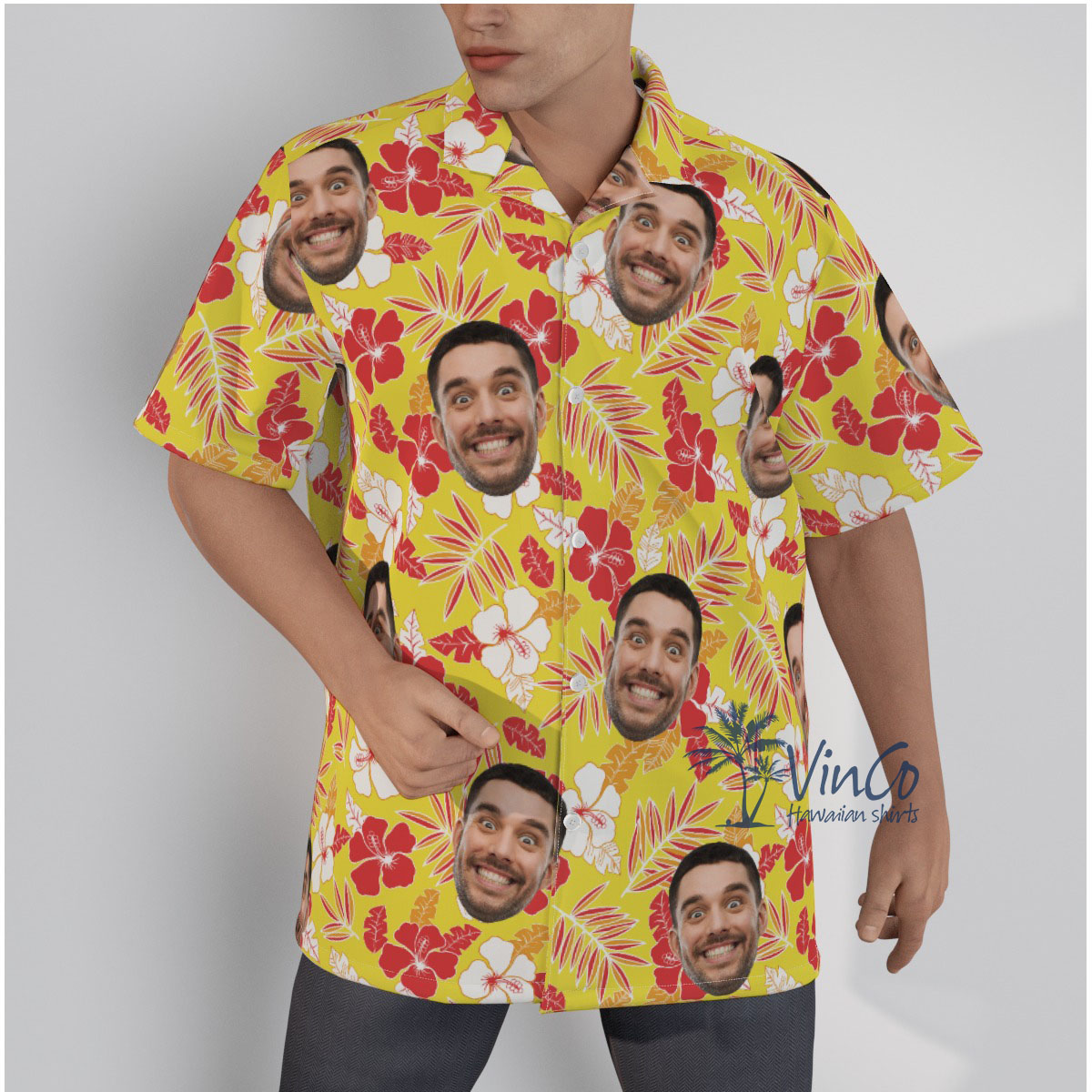 Hibiscus Yellow Custom Face Men's Hawaiian Shirt - variant image 1