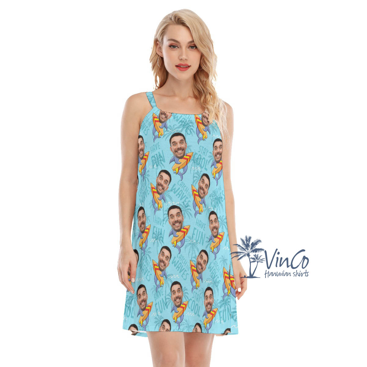 Custom Face Shark Surfing Hawaiian Cami Dress - variant image 1