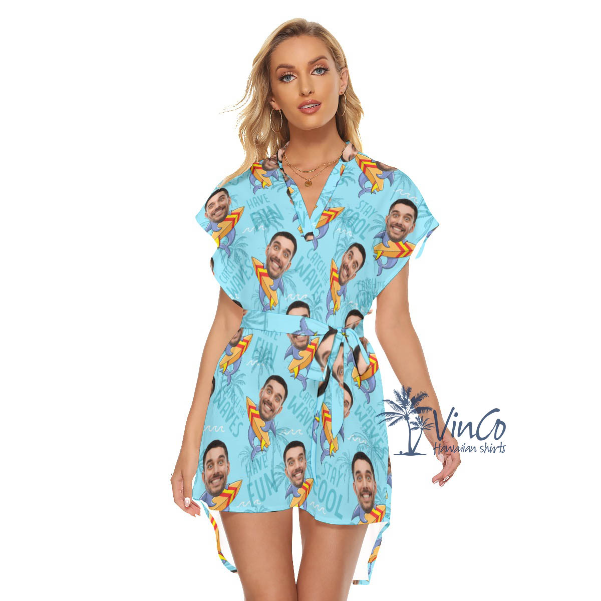 Funny Custom Face Shark Surfing Hawaiian Dresses For Women - variant image 1