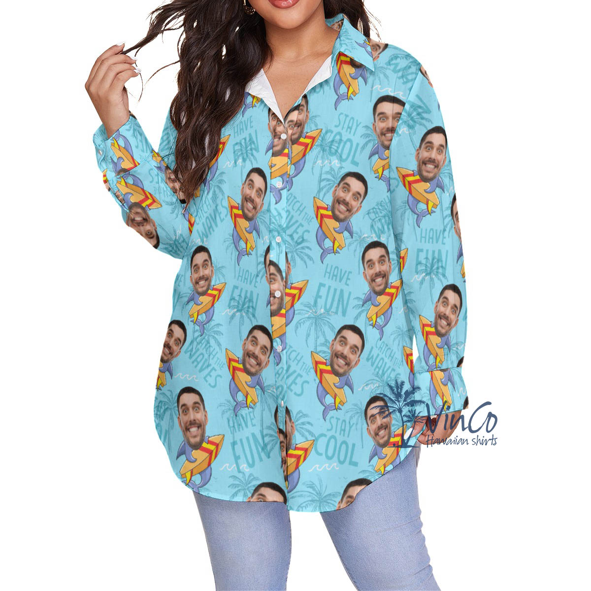 Funny Custom Face Shark Surfing Hawaiian Plus Shirt For Women - variant image 1