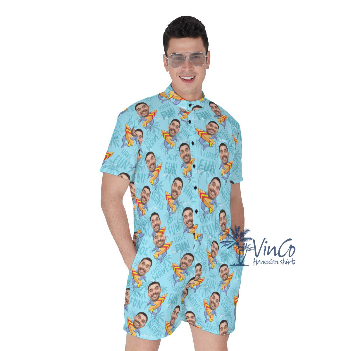 Funny Surfing Shark Custom Face Hawaiian Romper For Men - variant image 1