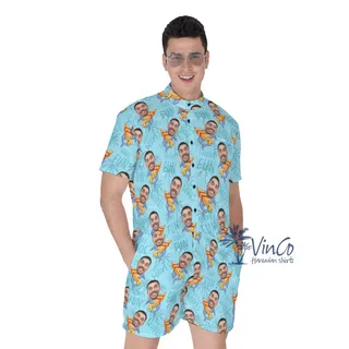 Funny Surfing Shark Custom Face Hawaiian Romper For Men