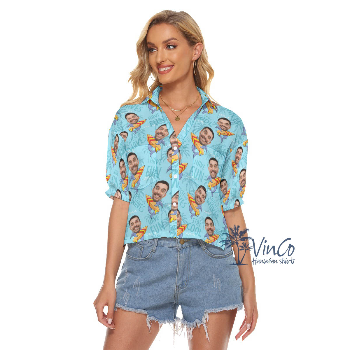Funny Custom Shark Surfing Hawaiian Crop Top Shirt For Women With Face - variant image 1