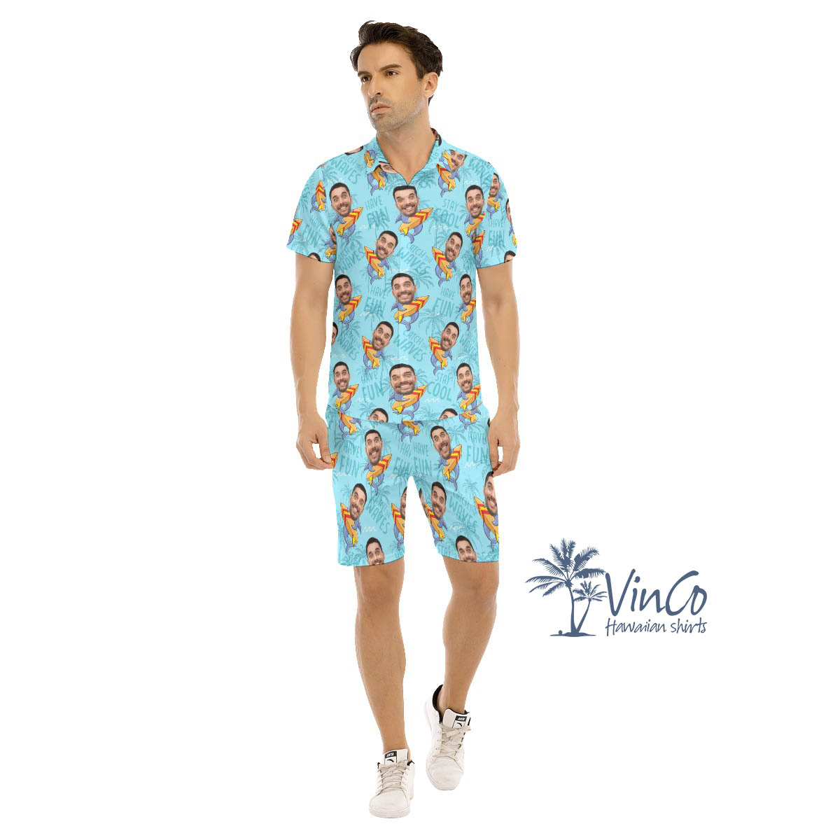 Set Custom Face Shark Surfing Hawaiian Shirt And Matching Shorts For Men - variant image 1