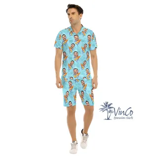 Set Custom Face Shark Surfing Hawaiian Shirt And Matching Shorts For Men
