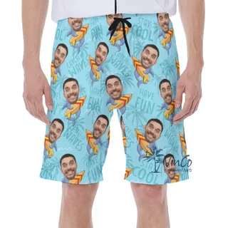 Funny Shark Surfing Custom Face Hawaiian SwimTrunks For Men