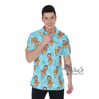 Custom Face Surfing Shark Hawaiian Polo Shirt For Men