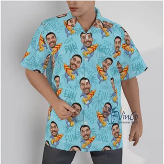 Custom Face Blue Button Up Men Shirt with Funny Shark Surfing Theme