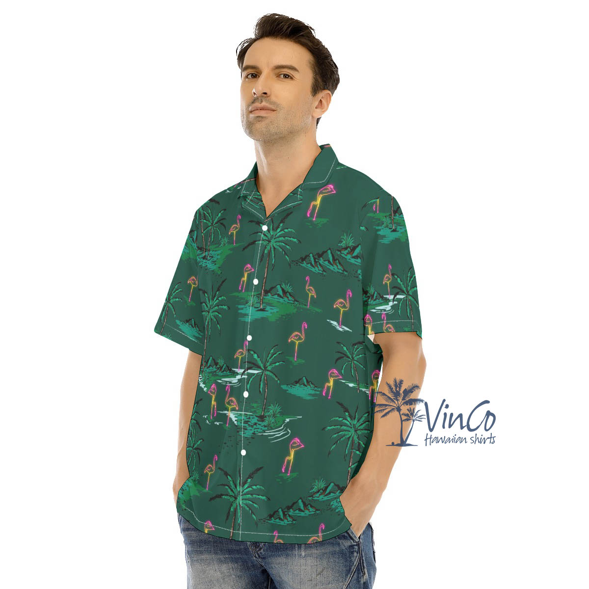 Green Pink Flamingo Aloha Shirt For Men