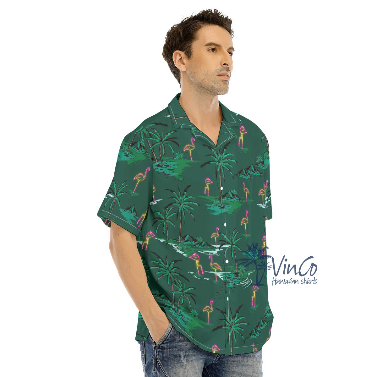 Green Pink Flamingo Aloha Shirt For Men