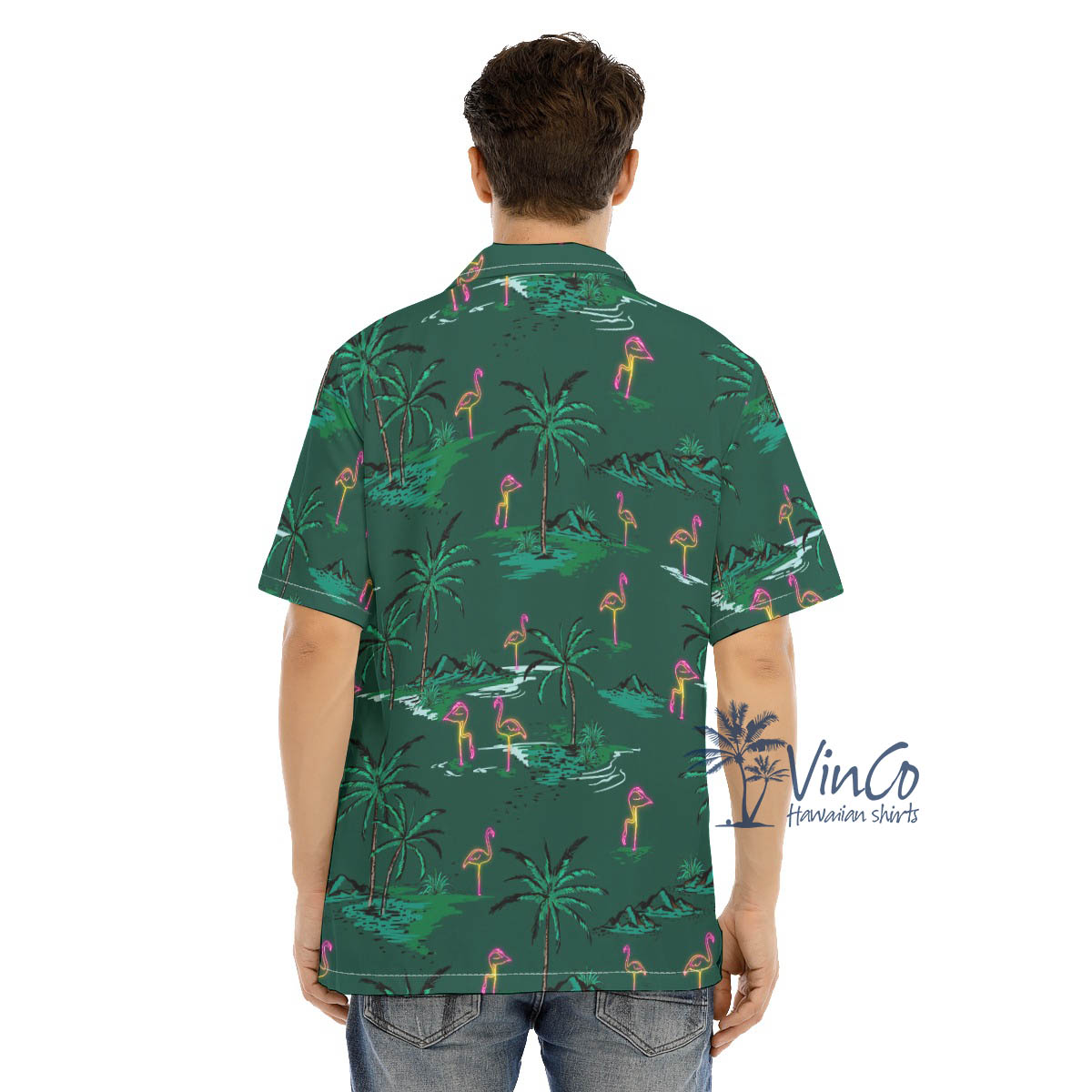 Green Pink Flamingo Aloha Shirt For Men