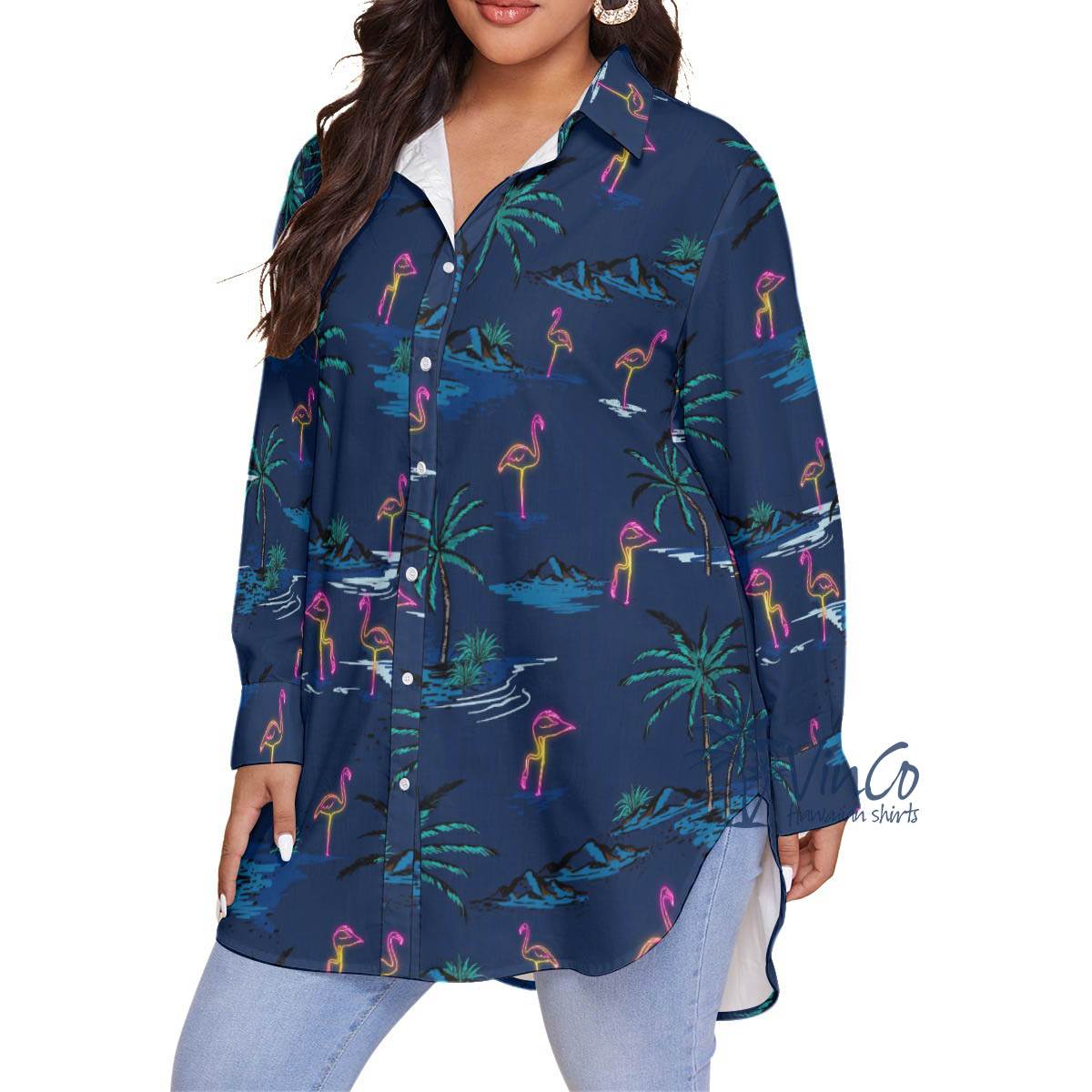 Navy Women's Flamingo Plus Size Aloha Shirt
