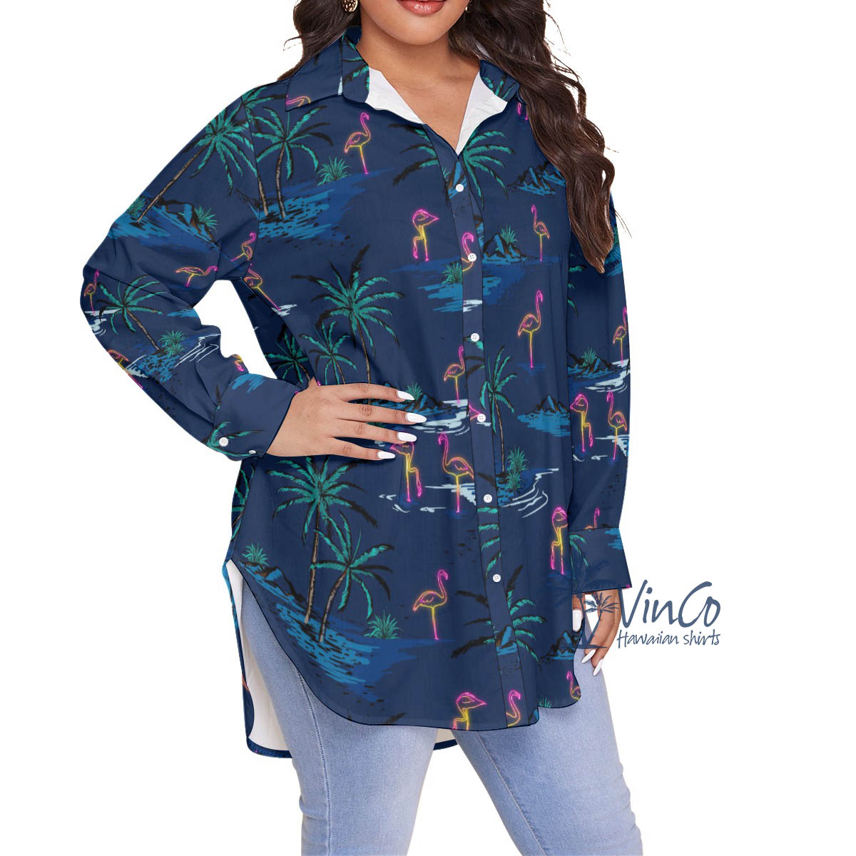 Navy Women's Flamingo Plus Size Aloha Shirt