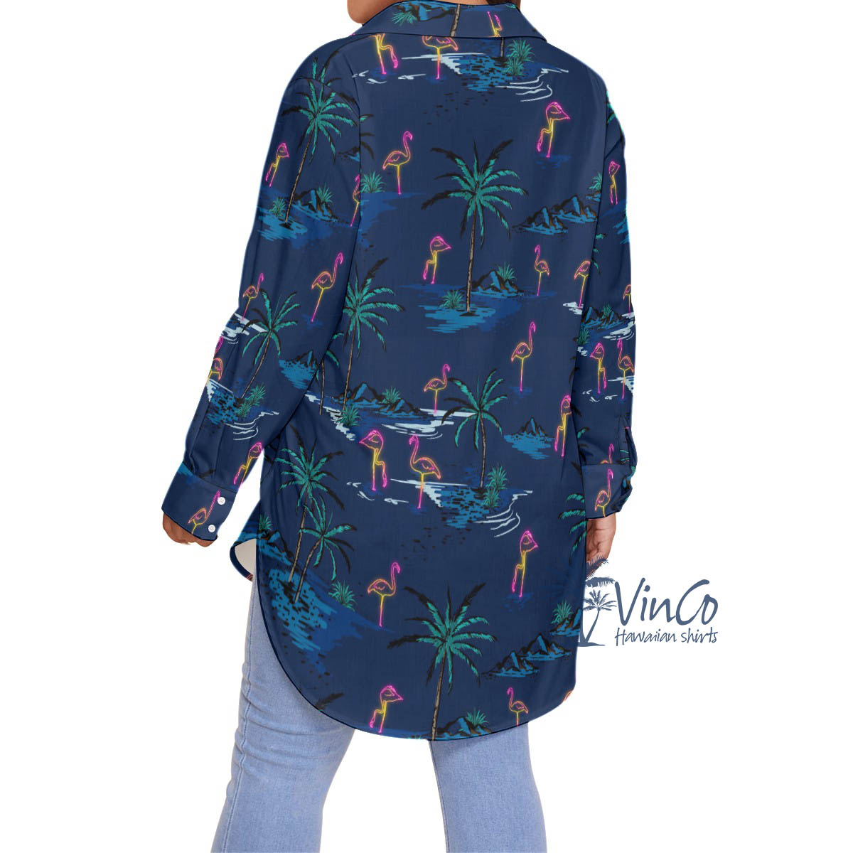 Navy Women's Flamingo Plus Size Aloha Shirt