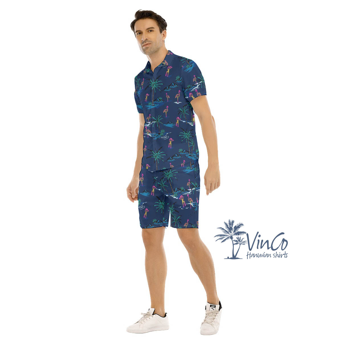 Navy Flamingo Aloha Shirt Shorts Set For Men