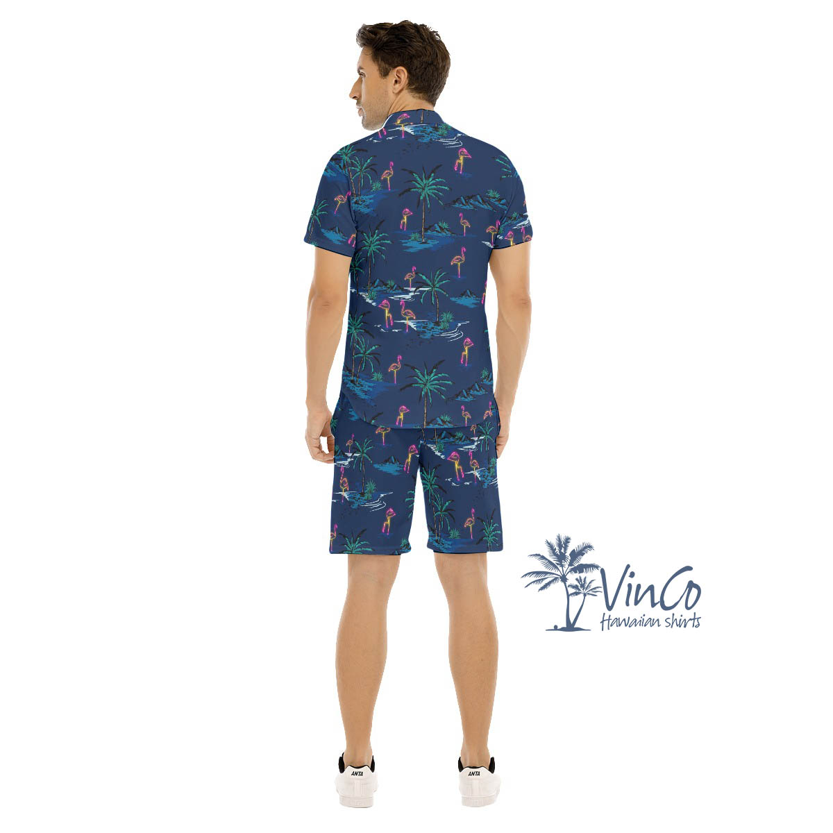 Navy Flamingo Aloha Shirt Shorts Set For Men