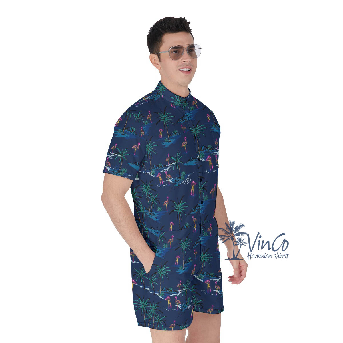 Navy Flamingo Men's Hawaiian Romper