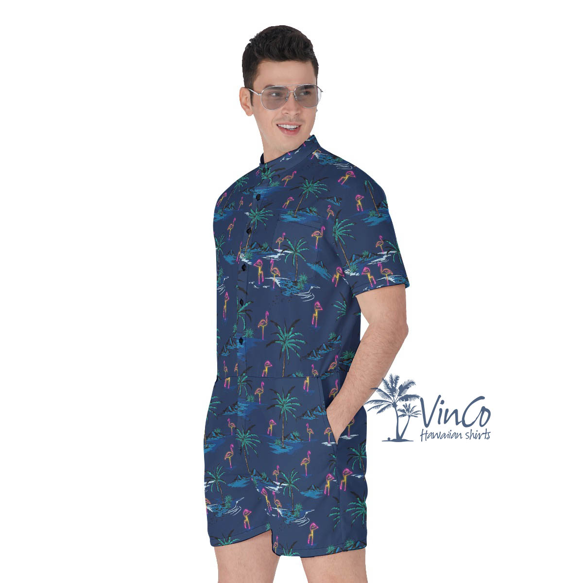 Navy Flamingo Men's Hawaiian Romper