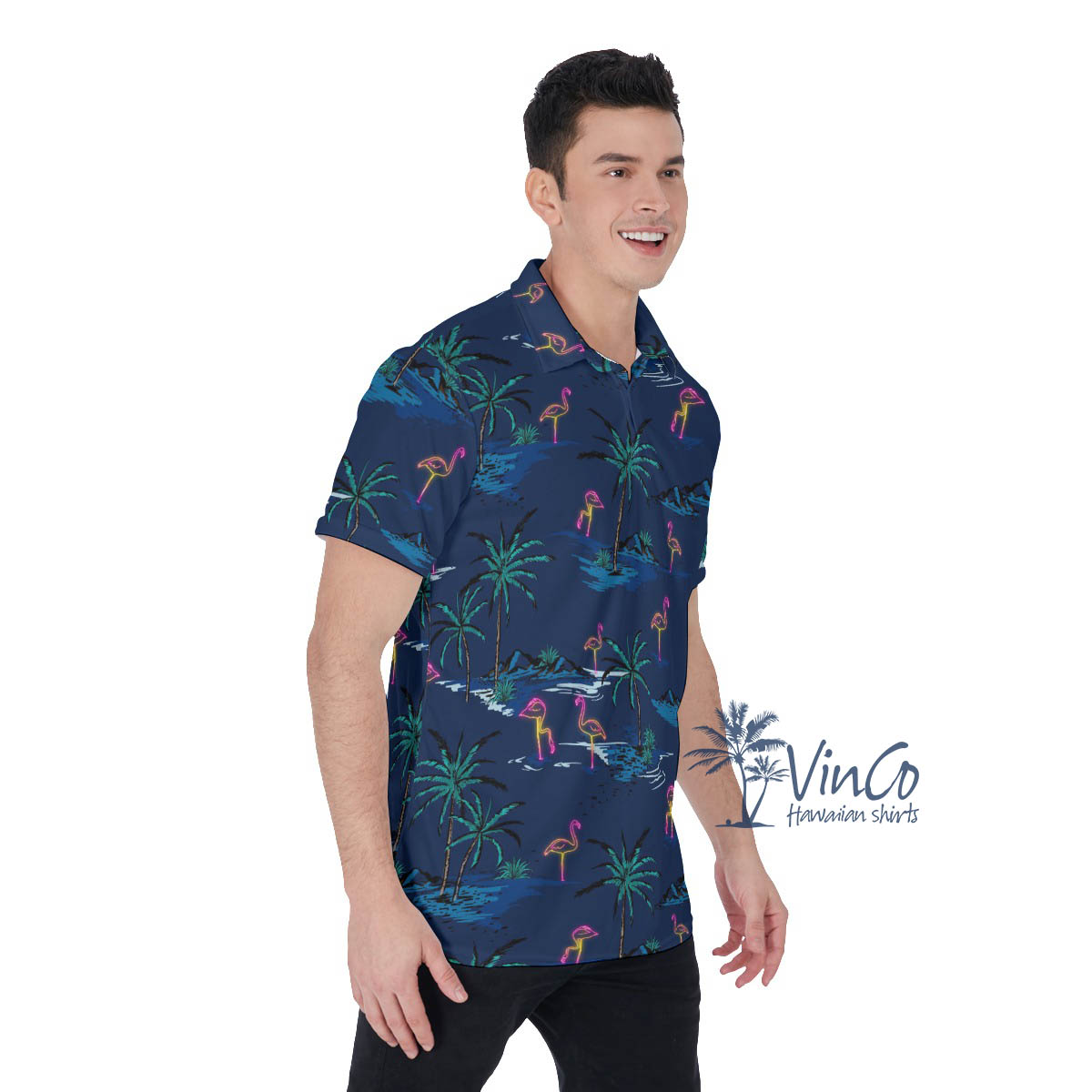 Navy Flamingo Hawaiian Golf Shirt For Men