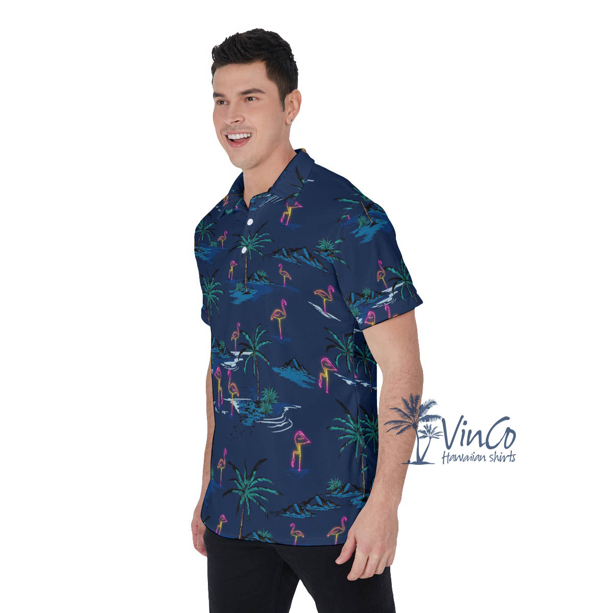 Navy Flamingo Hawaiian Golf Shirt For Men