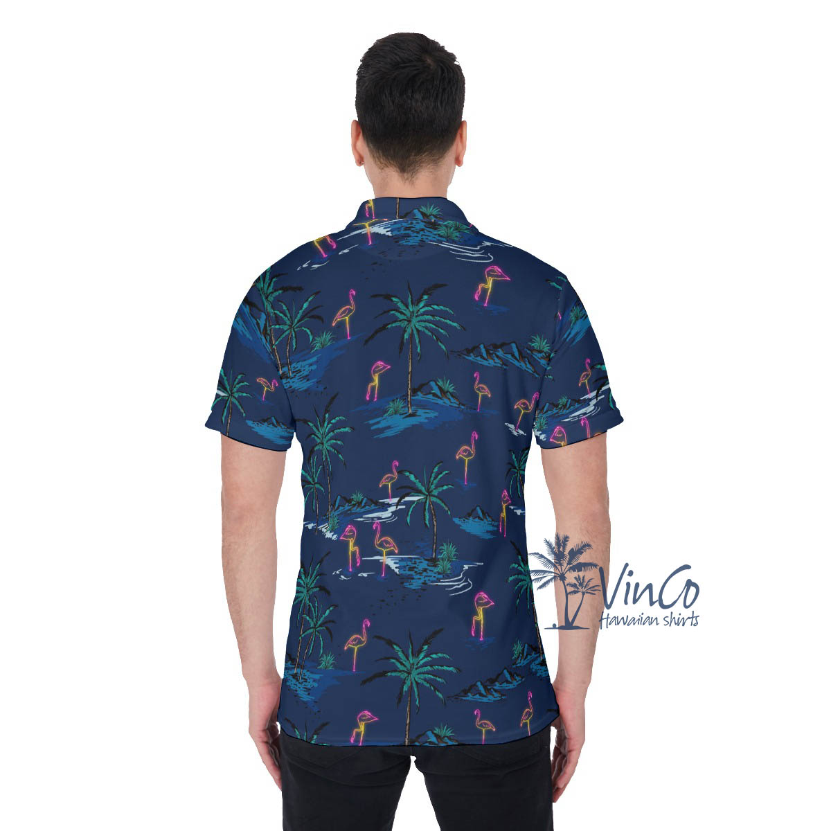 Navy Flamingo Hawaiian Golf Shirt For Men
