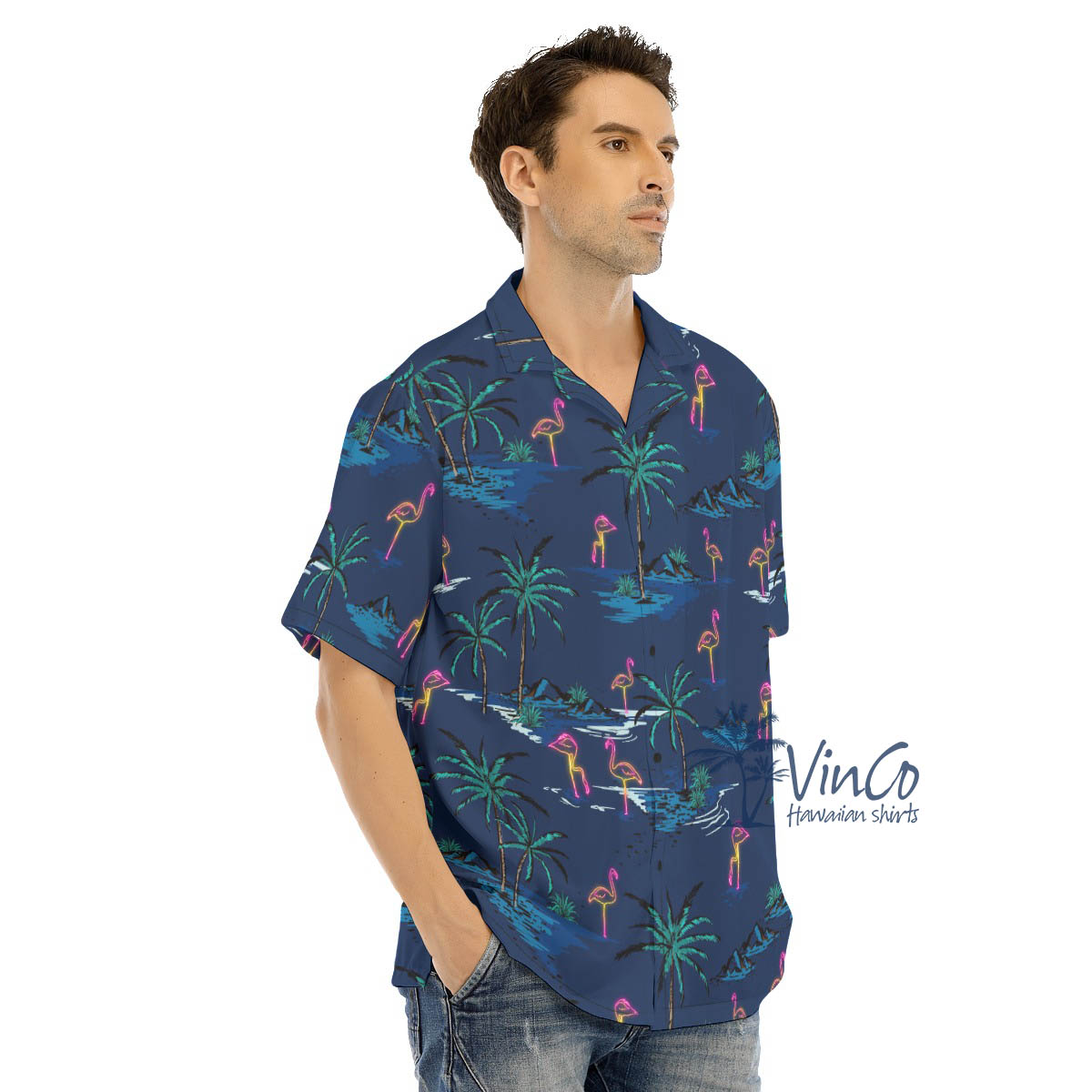 Navy Flamingo Hawaiian Shirts For Men
