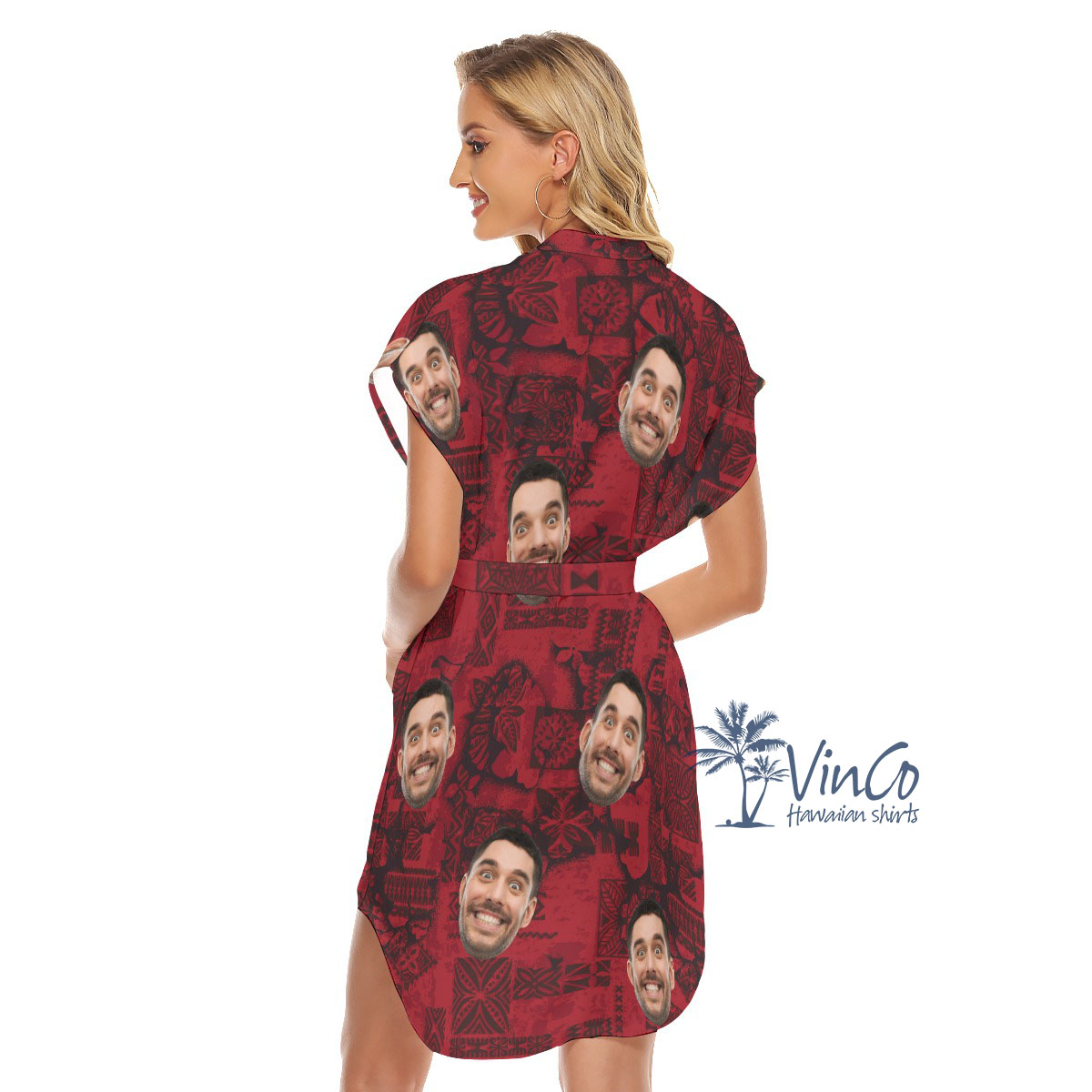 Vintage Custom Face Red Belted Women's Dress