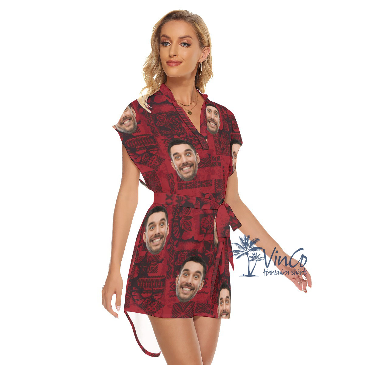 Vintage Custom Face Red Belted Women's Dress