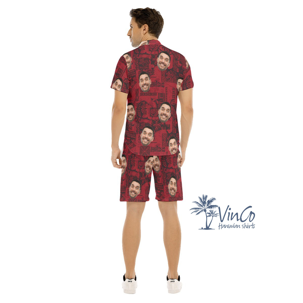 Vintage Custom Face Red Hawaiian Shirt And Shorts For Men