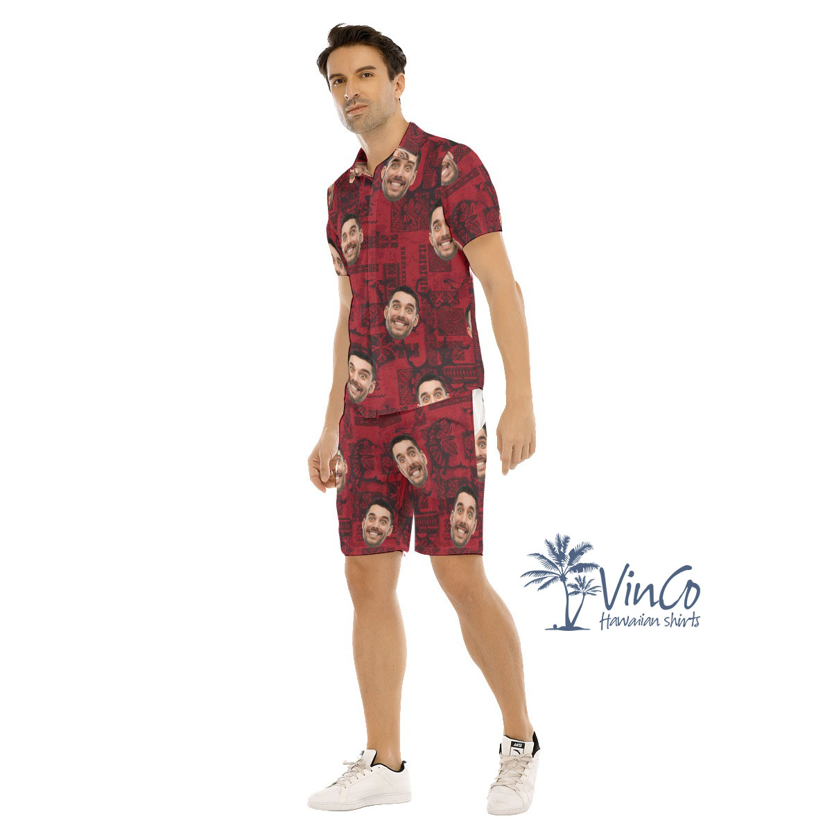 Vintage Custom Face Red Hawaiian Shirt And Shorts For Men