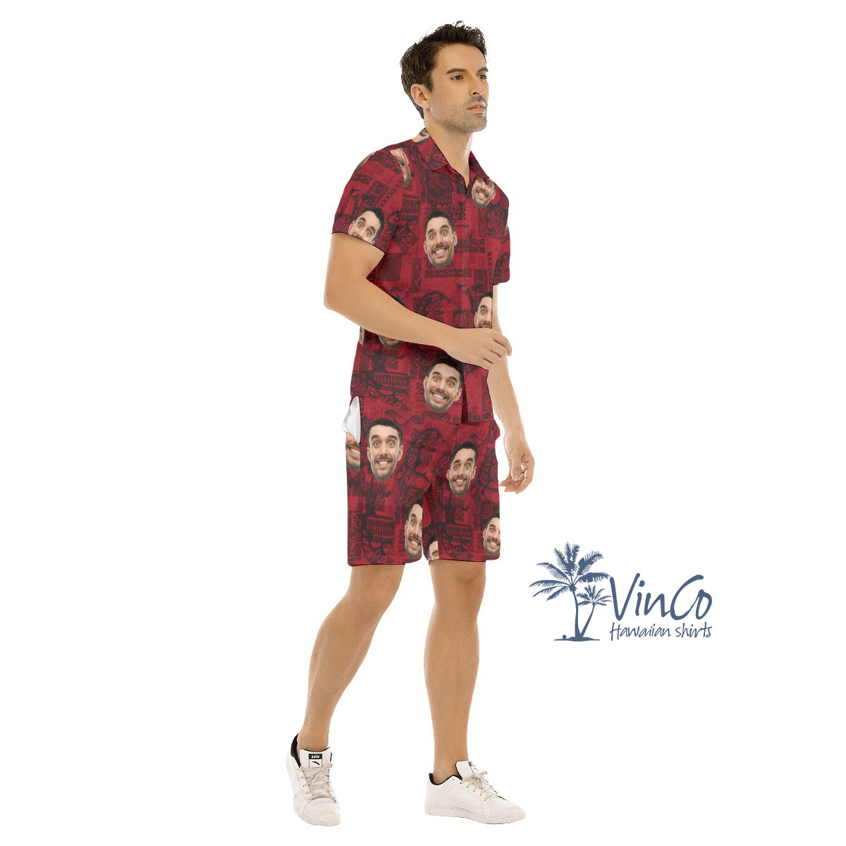 Vintage Custom Face Red Hawaiian Shirt And Shorts For Men