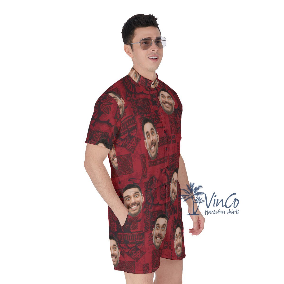 Vintage Red Custom Hawaiian Men's Romper With Multiple Faces