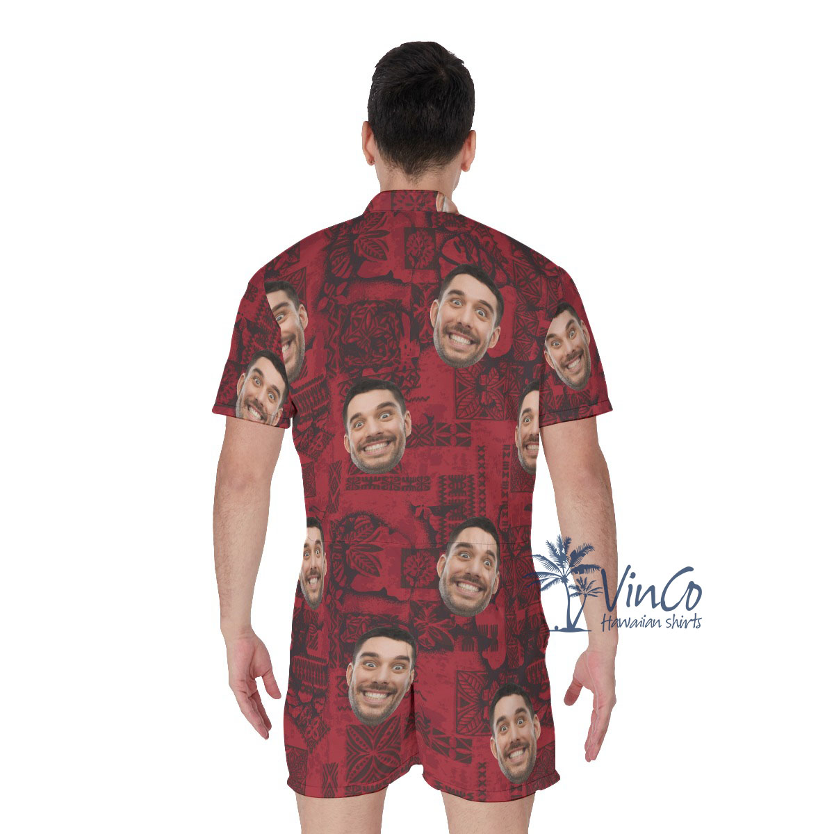 Vintage Red Custom Hawaiian Men's Romper With Multiple Faces